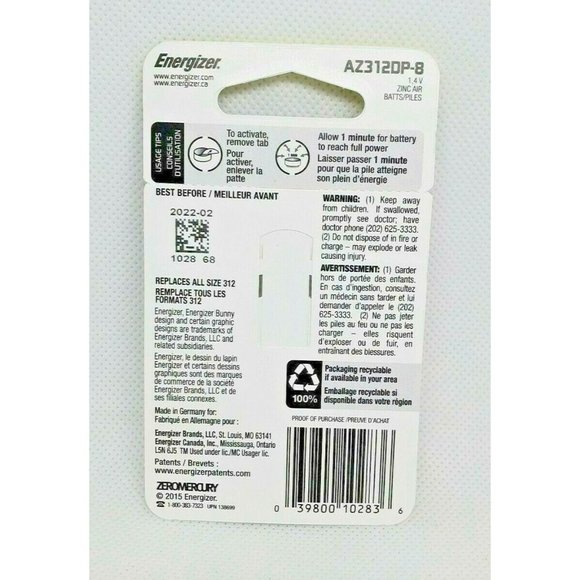 Energizer 312 EZ Turn And Lock Hearing Aid Batteries 8 Pack - Picture 4 of 5